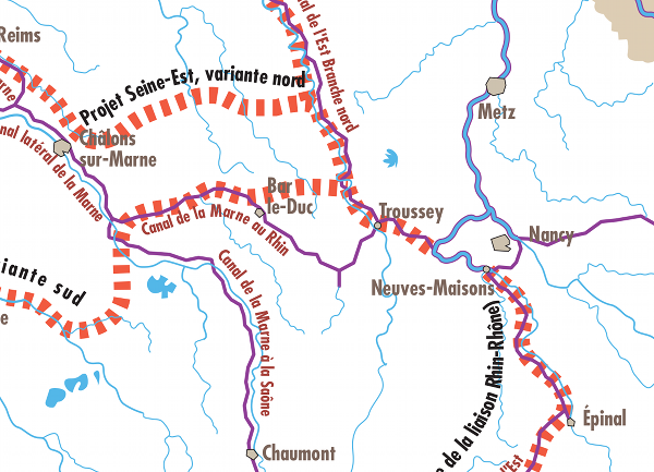 Carte des voies navigables, nord-est de la France