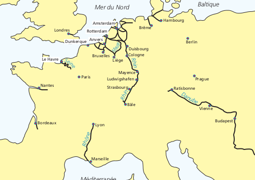 Carte des voies fluviales avec un tirant d'air minimum de 7 m