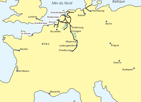 Carte des voies fluviales avec un tirant d'air minimum de 9 m